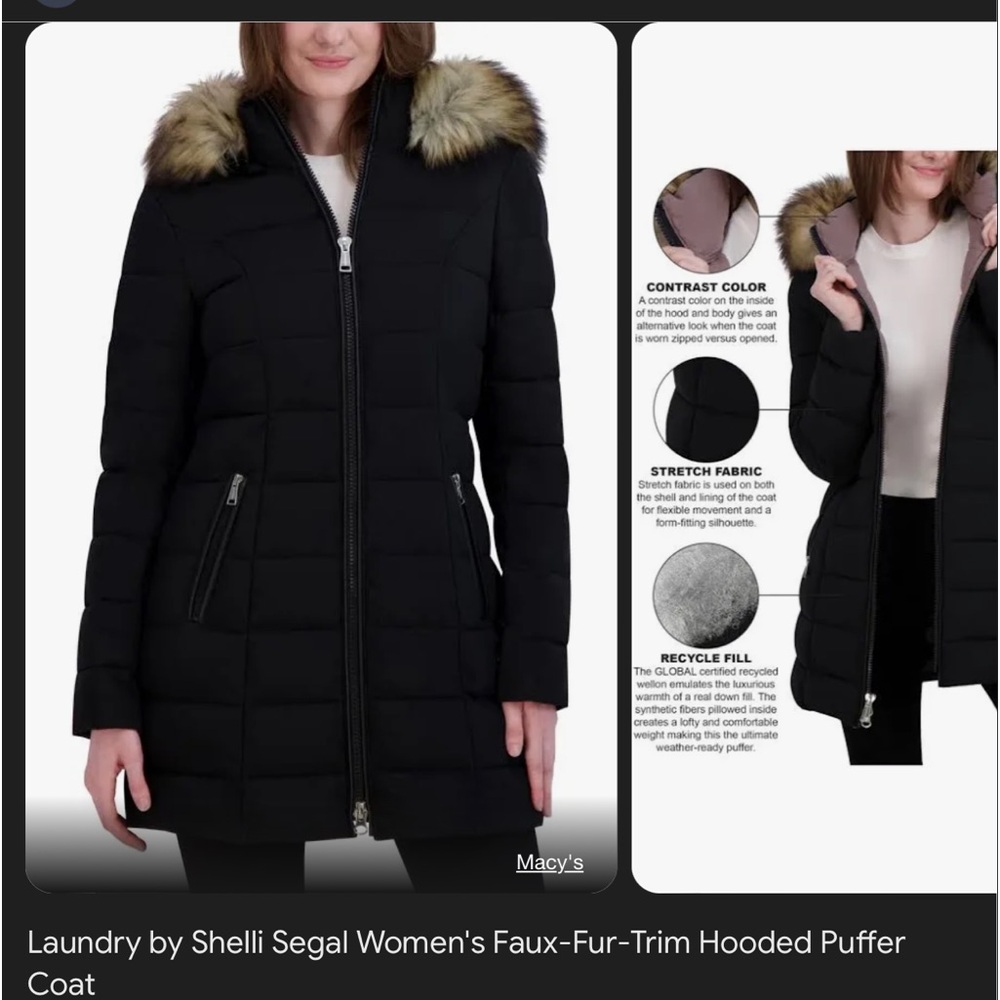 Black long puffer jacket chevron design zip up hood , faux fur collar Laundry SS
